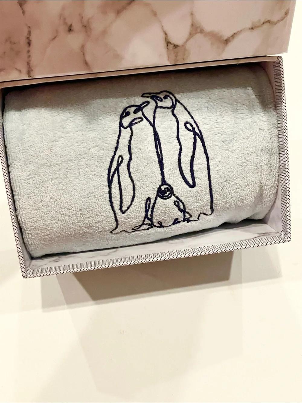 Light Blue Plush Throw with Embroidered Penguin Design